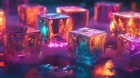 Glowing translucent ice cubes with vibrant neon colors of pink, orange, blue, and purple creating a magical atmosphere for party decoration or creative cocktail photography.