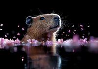 Curious capybara in water surrounded by floating pink cherry blossom petals against dark background, creating magical nature scene with reflection.