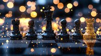 Black chess pieces with one golden rook on reflective surface against blurred bokeh lights background, strategic leadership concept with magical atmosphere.