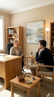 Professional therapist counseling session with mature Caucasian female psychologist and young male client in modern office setting with wooden furniture.