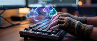 Hands typing on keyboard with glowing cloud computing icons floating above, representing digital technology, data storage and online connectivity in modern workspace.