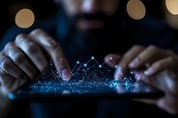 African American hands typing on digital tablet with glowing network visualization and connection points floating above screen in dark environment.