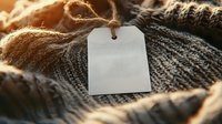 Blank white paper tag on gray knitted wool sweater background with natural rope string, closeup macro shot in warm lighting, winter fashion concept.