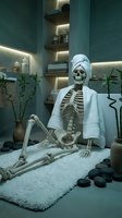 Skeleton figure wrapped in white towel sitting in modern spa bathroom with teal tile walls, illuminated shelves, bamboo plants, and decorative stones for Halloween or wellness themed designs.