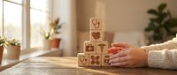 Hands stacking wooden cubes with engraved medical icons on a table, symbolizing healthcare planning and insurance protection concepts.
