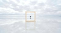 Minimalist wooden frame standing on reflective white surface against cloudy sky background creating surreal dreamlike atmosphere for conceptual design.