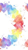 Watercolor rainbow hearts with paint splatters on white background. Romantic love design for Valentine's Day cards, wedding invitations and greeting projects.