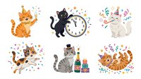 Cartoon cats celebrating party moments with confetti, balloons, champagne, and clocks isolated on white background, ready for greeting cards, invitations, children's designs, and festive merchandise.