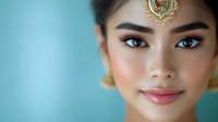 Young South Asian woman wearing traditional gold jewelry and bindi on turquoise background, showcasing bridal makeup and cultural fashion elements for wedding and celebration concepts.