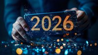 Futuristic golden 2026 number with data visualization elements, glowing charts and graphs in dark blue background with bokeh lights and digital overlay.