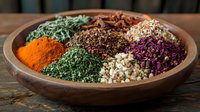 Aromatic dried herbs, flowers and spices in rustic wooden bowl arranged in colorful sections including turmeric, parsley, rose petals and chamomile on dark table.