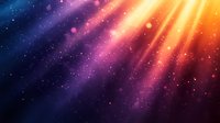 Vibrant cosmic background with colorful light rays piercing through dark space, featuring glowing particles and gradient from deep blue to orange and pink hues.