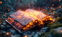 Burning book with glowing embers and sparks against dark background, dramatic close-up shot capturing flames consuming pages, creating mystical atmosphere.