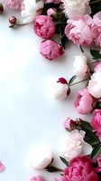 Pink and white peonies arranged on white background creating elegant floral border frame. Fresh spring flowers with green leaves for wedding and romantic designs.