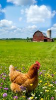 Red hen roaming freely in green pasture with wildflowers near traditional red barn and silo under blue sky with white clouds on sunny day.