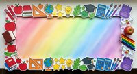Colorful rainbow gradient background framed with educational school supplies including books, apples, globe, calculator and graduation cap for learning design.