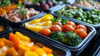 Healthy meal prep containers with fresh vegetables including broccoli, cherry tomatoes, and bell peppers arranged for weekly nutrition planning.