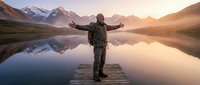 Hiker with backpack standing on wooden dock at mountain lake during golden hour sunrise with arms outstretched celebrating freedom and adventure in nature.