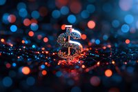 Glowing dollar symbol on dark background with red and blue bokeh lights creating magical atmosphere, financial concept with dramatic lighting and reflection.