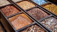 Metallic glitter powder pigments in makeup palette compartments showing rose gold, copper, bronze and gold shimmering textures for cosmetic applications.