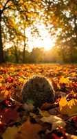Cute hedgehog sitting among colorful autumn leaves in park with warm golden sunlight and bokeh background for seasonal wildlife photography.