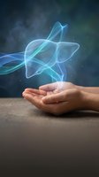 Cupped hands holding glowing blue energy waves with sparkling light effects on dark background for technology and innovation concepts.