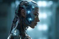 Female cyborg with metallic skin and glowing blue elements in profile view against dark background, futuristic sci-fi concept showing human-machine integration.