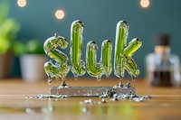 Green balloon letters spelling "Sluk" with water splash effect on wooden surface, creating playful liquid typography for creative design projects.