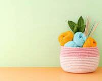 Colorful yarn balls in blue and yellow with knitting needles arranged in pink woven basket against pastel green wall, creative craft supplies for DIY projects.