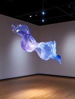 Ethereal floating purple and blue smoke formation in empty gallery space with hardwood floors and white walls, illuminated by overhead lighting.