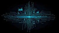 Digital circuit board pattern with glowing cyan lines and tech icons on black background for modern technology designs and presentations.