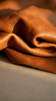 Luxurious brown leather material with rich texture and natural grain pattern draped elegantly, showcasing premium quality craftsmanship for fashion and design projects.