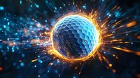 Glowing golf ball with dynamic energy burst and light trails on dark background for sports and recreation concepts.