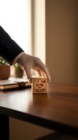 Gloved hand in suit placing a wooden cube with customer service icons on a desk, symbolizing support, care, and professional business communication.