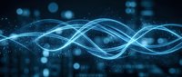 Glowing blue wave pattern with digital particles and bokeh lights on dark background, representing data flow, technology, and innovation for web design and digital marketing.