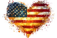 Patriotic heart with American flag pattern and watercolor splatter effect on transparent background, isolated design element for t-shirts, posters, and patriotic merchandise.