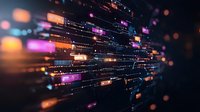 Futuristic digital network with glowing orange and purple light streaks against dark background, abstract technology visualization for data transfer concept.