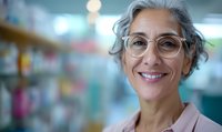 Confident mature woman with silver hair and glasses smiling warmly in pharmacy setting. Professional female pharmacist in pink blouse against blurred medical store background.