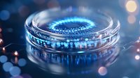 Glowing blue circular futuristic device with digital pattern emitting light on reflective surface against dark background with bokeh lights. For tech and innovation concepts.
