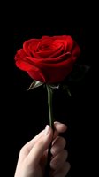 Single red rose held by feminine hand against black background, dramatic lighting emphasizes flower petals and creates romantic mood for Valentine's Day or anniversary designs.