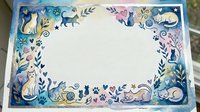 Decorative border frame with cute cats and floral elements in blue and pink tones on textured background for greeting cards and invitations.