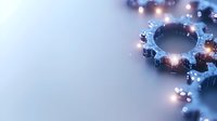 Glowing mechanical gear with sparkling light effects on blue background, symbolizing innovation, technology advancement and business solutions.