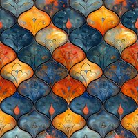 Elegant oriental pattern with teardrop shapes in deep blue and vibrant orange creates a luxurious seamless design perfect for fabric, wallpaper, and decorative surfaces.