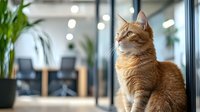 Ginger cat sitting in modern office space with blurred background of chairs and plants, looking up attentively in natural window light. Great for business concepts.