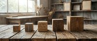 Wooden blocks of varying sizes arranged on rustic table in bright studio with shelving, suitable for product display, design mockups, and creative composition layouts.