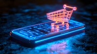 Glowing neon shopping cart icon floating over smartphone screen with pink and blue lighting effects on dark background, representing mobile commerce.
