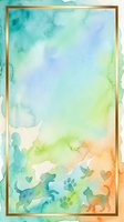 Watercolor gradient background with dog and cat silhouettes, paw prints, and hearts in gold frame. Soft pastel colors transition from turquoise to yellow-orange. Isolated design element for greeting cards, pet-related projects, and animal-themed artwork.