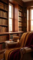 Cozy home library with leather armchair, knitted blanket, coffee cup and floor-to-ceiling bookshelves filled with vintage books in warm natural light.
