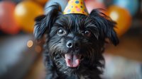 Small black dog wearing yellow party hat with colorful balloons in background celebrating birthday or special occasion with happy expression and tongue out.