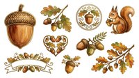 Autumn acorn and oak leaf botanical elements with squirrel, isolated on white background. Ideal for fall designs, invitations, and seasonal graphics.